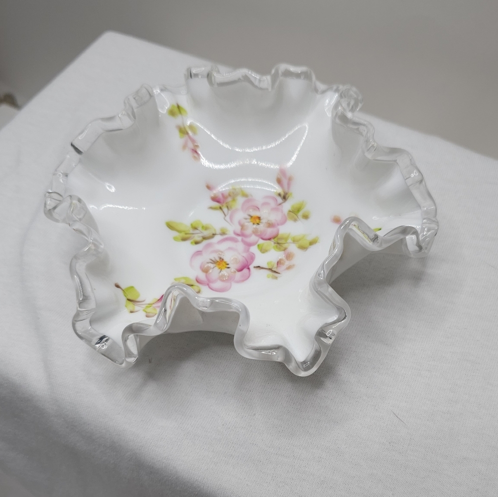 Vintage Fenton Silver Crest Apple Blossom Milk Glass Ruffled Footed Bowl